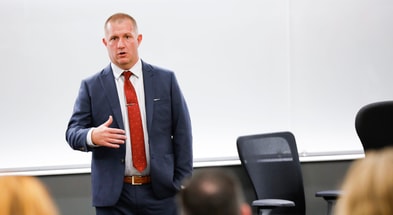 Roger Denny, a candidate for the Missouri State athletics director job, takes questions at a public forum in Glass Hall on Monday, Aug. 12, 2024.