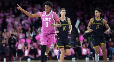 USC Trojans guard Alijah Arenas (0) gestures after scoring his first collegiate points against the Northwestern Wildcats in the first half at Galen Center