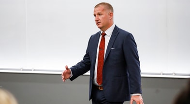 Roger Denny, a candidate for the Missouri State athletics director job, takes questions at a public forum in Glass Hall on Monday, Aug. 12, 2024.