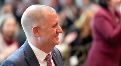 Oklahoma Director of Athletics Roger Denny is introduced during a ceremony at the Gaylord Family –– Oklahoma Memorial Stadium in Norman, Okla.,, Wednesday Jan. 28, 2026.