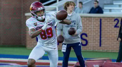 American Team wide receiver Ja'kobi Lane (89) of USC works in passing drills during American Senior Bowl practice at Hancock Whitney Stadium