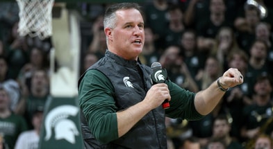 Michigan State head football coach Pat Fitzgerald watches the Spartans defeat the Iowa Hawkeyes at Jack Breslin Student Events Center. - Dale Young, USA TODAY Sports