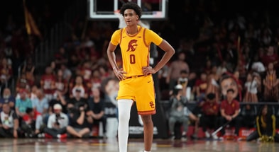 USC Trojans guard Alijah Arenas (0) reacts against the Rutgers Scarlet Knights in the second half at Galen Center