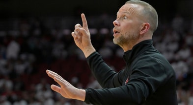 Feb 9, 2026; Louisville, Kentucky, USA; Louisville Cardinals head coach Pat Kelsey reacts during the first half against the NC State Wolfpack at KFC Yum! Center. Louisville defeated N.C. State 118-77. Mandatory Credit: Jamie Rhodes-Imagn Images