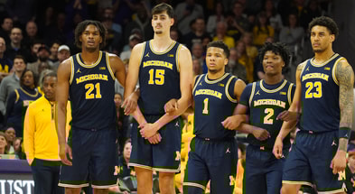 Michigan Wolverines basketball's Morez Johnson Jr., Aday Mara, Trey McKenney, L.J. Cason and Yaxel Lendeborg. (Photo by David Banks-Imagn Images)