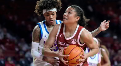 Oklahoma's Keziah Lofton (22) goes to the basket as Florida's Liv McGill (23) defends during the women's basketball game between the University of Oklahoma and the Florida Gators at Lloyd Noble Center, in Noble, Okla., Thursday Feb. 12, 2026.