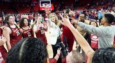 Jennie Baranczyk leads the team in a huddle following the women's basketball game between the University of Oklahoma and the Florida Gators at Lloyd Noble Center, in Noble, Okla., Thursday Feb. 12, 2026.