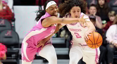 Feb 15, 2026; Tuscaloosa, AL, USA; Alabama guard Jessica Timmons (23) tries to steal the ball from Oklahoma guard Aaliyah Chavez (2) who retains possession at Coleman Coliseum. Mandatory Credit: Gary Cosby Jr.-Tuscaloosa News