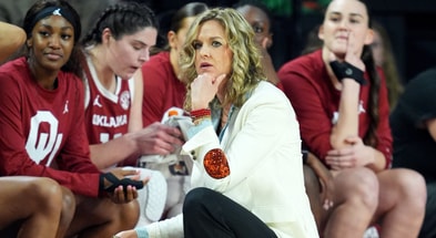 Oklahoma head women's basketball coach Jennie Baranczyk is pictured in the first half of the women's basketball game between the University of Oklahoma and the Florida Gators at Lloyd Noble Center, in Noble, Okla., Thursday Feb. 12, 2026.