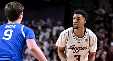 Mar 3, 2026; College Station, Texas, USA; Texas A&M Aggies guard Rylan Griffen (3) dribbles the ball during the second half against the Kentucky Wildcats at Reed Arena. Mandatory Credit: Maria Lysaker-Imagn Images