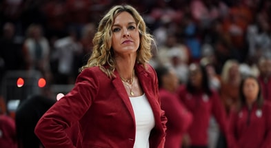 Feb 1, 2026; Austin, Texas, USA; Oklahoma Sooners head coach Jennie Baranczyk enters the court before the game against the Oklahoma Sooners at Moody Center. Mandatory Credit: Dustin Safranek-Imagn Images
