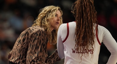 Mar 5, 2026; Greenville, SC, USA; Oklahoma Sooners head coach Jennie Baranczyk talks with forward Sahara Williams (6) during the first half against the Florida Gators at Bon Secours Wellness Arena. Mandatory Credit: Jim Dedmon-Imagn Images