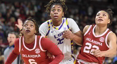 Oklahoma Sooners forward Sahara Williams (6) and Oklahoma Sooners guard Keziah Lofton (22) box out Louisiana State Tigers guard Mikaylah Williams (12) Friday, March 6, 2026, during the SEC Women's Basketball Tournament quarterfinals game at Bon Secours Wellness Arena in Greenville, South Carolina.