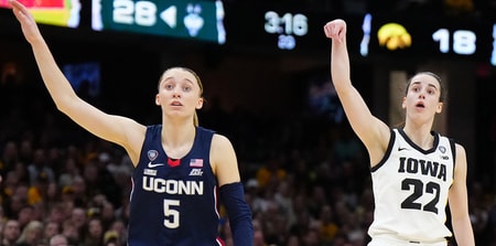 UConn guard Paige Bueckers and Iowa guard Caitlin Clark