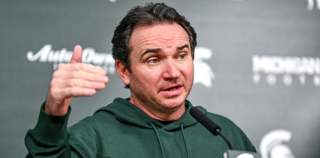 Michigan State coach Jonathan Smith talks the media on the first national signing day for college football recruits Wednesday, Dec. 20, 2023, at Spartan Stadium in East Lansing - Nick King, USA TODAY Sports