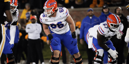 Nov 18, 2023; Columbia, Missouri, USA; Florida Gators offensive lineman Jake Slaughter (66) at the line of scrimmage against the Missouri Tigers during the game at Faurot Field at Memorial Stadium. Mandatory Credit: Denny Medley-Imagn Images