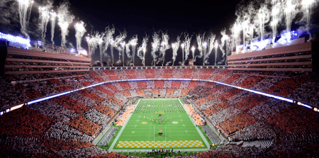 Fireworks are set off before an SEC football game between Tennessee and Ole Miss in a checkered Neyland Stadium in Knoxville, Tenn. on Saturday, Oct. 16, 2021 - © Calvin Mattheis/News Sentinel / USA TODAY NETWORK