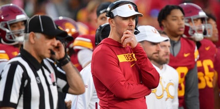 USC Trojans head coach Lincoln Riley watches game action against the Nebraska Cornhuskers during the second half at the Los Angeles Memorial Coliseum