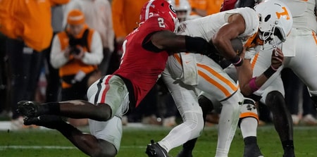 (Joshua L. Jones / USA TODAY NETWORK via Imagn Images) Georgia linebacker Smael Mondon Jr. (2) sacks Tennessee quarterback Nico Iamaleava (8) during the first half of a NCAA college football game against Tennessee in Athens, Ga., on Saturday, Nov. 16, 2024.