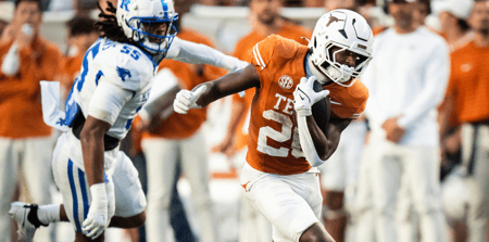 Texas Longhorns running back Quintrevion Wisner (26) carries the ball for Texas in the third quarter of the Texas Longhorns' game against the Kentucky Wildcats at Darrell K Royal Texas Memorial Stadium in Austin, Nov. 23, 2024.