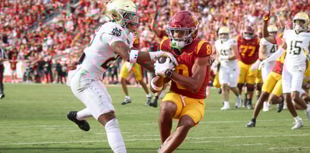 USC wide receiver Ja'Kobi Lane comes down with a touchdown reception during a game against the Notre Dame Fighting Irish