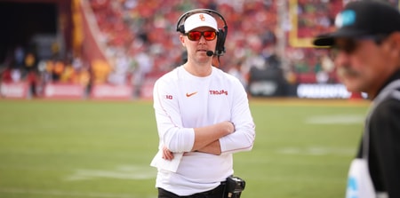 USC head coach Lincoln Riley on the sideline during the Trojans' game against Notre Dame at the Los Angeles Memorial Coliseum