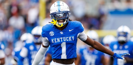 Sep 21, 2024; Lexington, Kentucky, USA; Kentucky Wildcats defensive back Maxwell Hairston (1) runs onto the field before the game against the Ohio Bobcats at Kroger Field. Mandatory Credit: Jordan Prather-Imagn Images