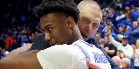 Mark Pope talks to Jaxson Robinson after Kentucky's win over Florida - Dr. Michael Huang, Kentucky Sports Radio