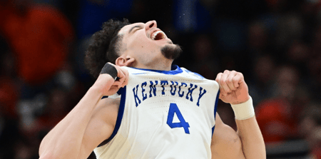 Mar 23, 2025; Milwaukee, WI, USA; Kentucky Wildcats guard Koby Brea (4) reacts after defeating the Illinois Fighting Illini in the second round of the NCAA Tournament at Fiserv Forum. Mandatory Credit: Benny Sieu-Imagn Images