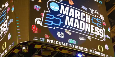 March Madness logo on the jumbotron at the NCAA Tournament in Milwaukee, Mont Dawson, Kentucky Sports Radio