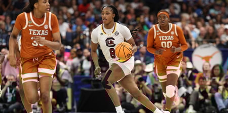 South Carolina Gamecocks forward Joyce Edwards (8) control the ball against the Texas Longhorns during the third quarter in a semifinal of the women's 2025 NCAA tournament at Amalie Arena. Mandatory Credit: Nathan Ray Seebeck-Imagn Images