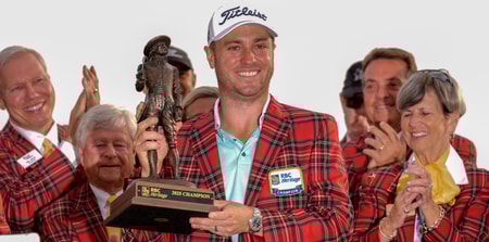 Justin Thomas rocks a plaid jacket after winning the RBC Heritage, via Jim Dedmon-Imagn Images