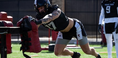 Texas Tech’s Isaac Smith goes through a drill during spring football practice, Wednesday, March 12, 2025 (© Katie Perkins/For Lubbock Avalanche-Journal / USA TODAY NETWORK via Imagn Images)