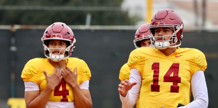 USC quarterbacks Husan Longstreet (4) and Jayden Maiava (14) during a spring ball practice with the Trojans