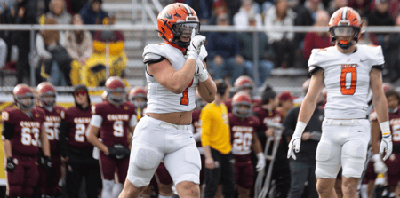 Hope's Jack Lamancusa (new Michigan State commit) hushes the Calvin crowd after sacking the quarterback on Saturday, Nov. 9 at Grand Rapids Christian. - Adam Vander Kooy, USA TODAY Sports