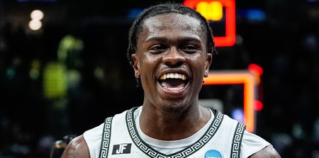 Michigan State forward Coen Carr (55) celebrates 71-63 win over New Mexico at the Second Round of NCAA tournament at Rocket Arena in Cleveland, Ohio on Sunday, March 23, 2025. - Junfu Han, USA TODAY Sports