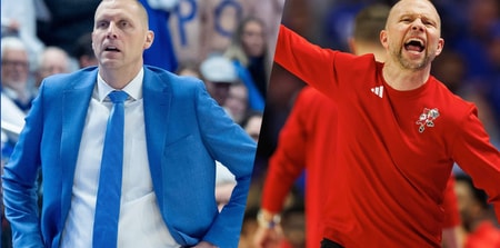Kentucky basketball coach Mark Pope and Louisville basketball coach Pat Kelsey at the 2024 Battle of the Bluegrass game. © Clare Grant & Jordan Prather / USA TODAY NETWORK via Imagn Images