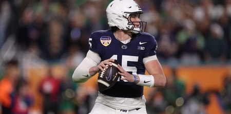 Penn State Nittany Lions quarterback Drew Allar (15) looks to pass in the second half against the Notre Dame Fighting Irish in the Orange Bowl at Hard Rock Stadium. (Photo by Nathan Ray Seebeck-Imagn Images)