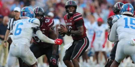 Ole Miss linebacker TJ Dottery looking to bring pressure against South Carolina quarterback LaNorris Sellers. Photo credit: CJ Driggers | GamecockCentral