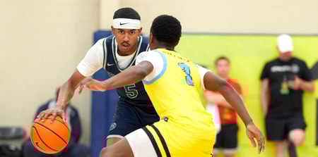 July 15, 2025; North Augusta, South Carolina, USA; Oakland Soldiers Jason Crowe Jr. (5) dribbles as Team Final RJ Smith (3) defends during the Oakland Soldiers and Team Final game at Nike EYBL Peach Jam at Riverview Park Activities Center. The Oakland Soldiers won 86-75. Mandatory Credit: Katie Goodale - Augusta Chronicle/USA TODAY NETWORK