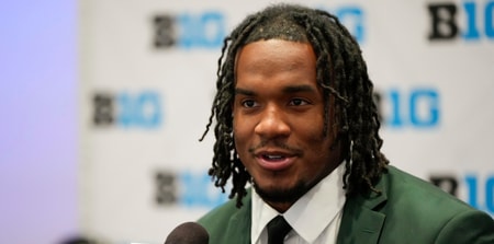 Michigan State linebacker Jordan Hall speaks to the media during the Big Ten NCAA college football media days at Mandalay Bay Resort. - Lucas Peltier, USA TODAY Sports