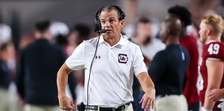 Sep 21, 2024; Columbia, South Carolina, USA; South Carolina Gamecocks head coach Shane Beamer directs his team against the Akron Zips in the second half at Williams-Brice Stadium. Mandatory Credit: Jeff Blake-Imagn Images