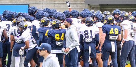 Cal's football team during spring practice in March 2025.