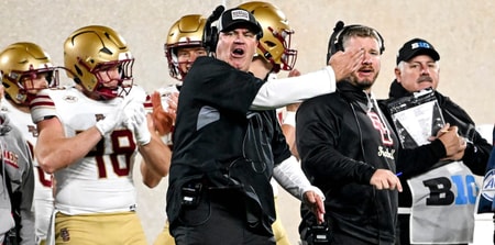 Eagles head coach Bill O'Brien yells for a first down after Michigan State's Jordan Hall hit Boston College's quarterback late on a play during the second quarter on Saturday, Sept. 6, 2025. - Nick King, USA TODAY Sports