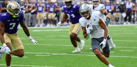 Sep 7, 2024; Seattle, Washington, USA; Eastern Michigan Eagles wide receiver Terry Lockett Jr. (3) carries the ball after a catch against the Washington Huskies during the first half at Alaska Airlines Field at Husky Stadium. Mandatory Credit: Steven Bisig-Imagn Images