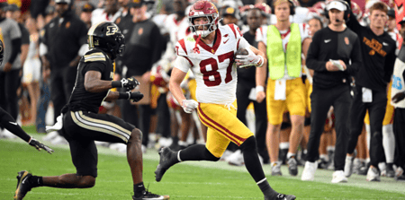 USC Trojans tight end Lake McRee (87) looks to get past Purdue Boilermakers defensive back Tony Grimes (0) during the second quarter at Ross-Ade Stadium