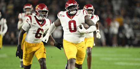 USC Trojans defensive tackle Jamaal Jarrett (0) runs the ball in for a touchdown after intercepting it during the second half against the Purdue Boilermakers at Ross-Ade Stadium