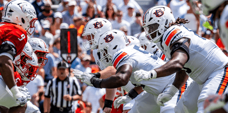 Auburn offensive line vs. South Alabama (Photo by Matt Rudolph/AuburnSports)