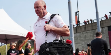 Louisville coach Jeff Brohm walks towards the locker room before the Louisville-James Madison college football game Friday September 5, 2025 at L&N Credit Union Stadium in Louisville, Kentucky.