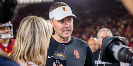 USC head coach Lincoln Riley speaks postgame following a win against Michigan